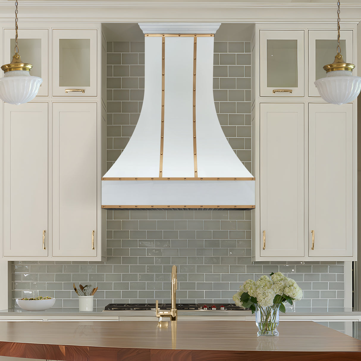 USA White Designer Stainless Steel Kitchen Hood with Brass Straps URHS-175