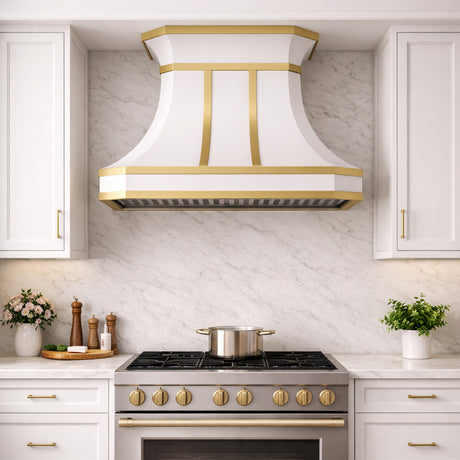 USA White Stainless Steel Stove Hood Featuring Artisan Brass Straps URHS-179