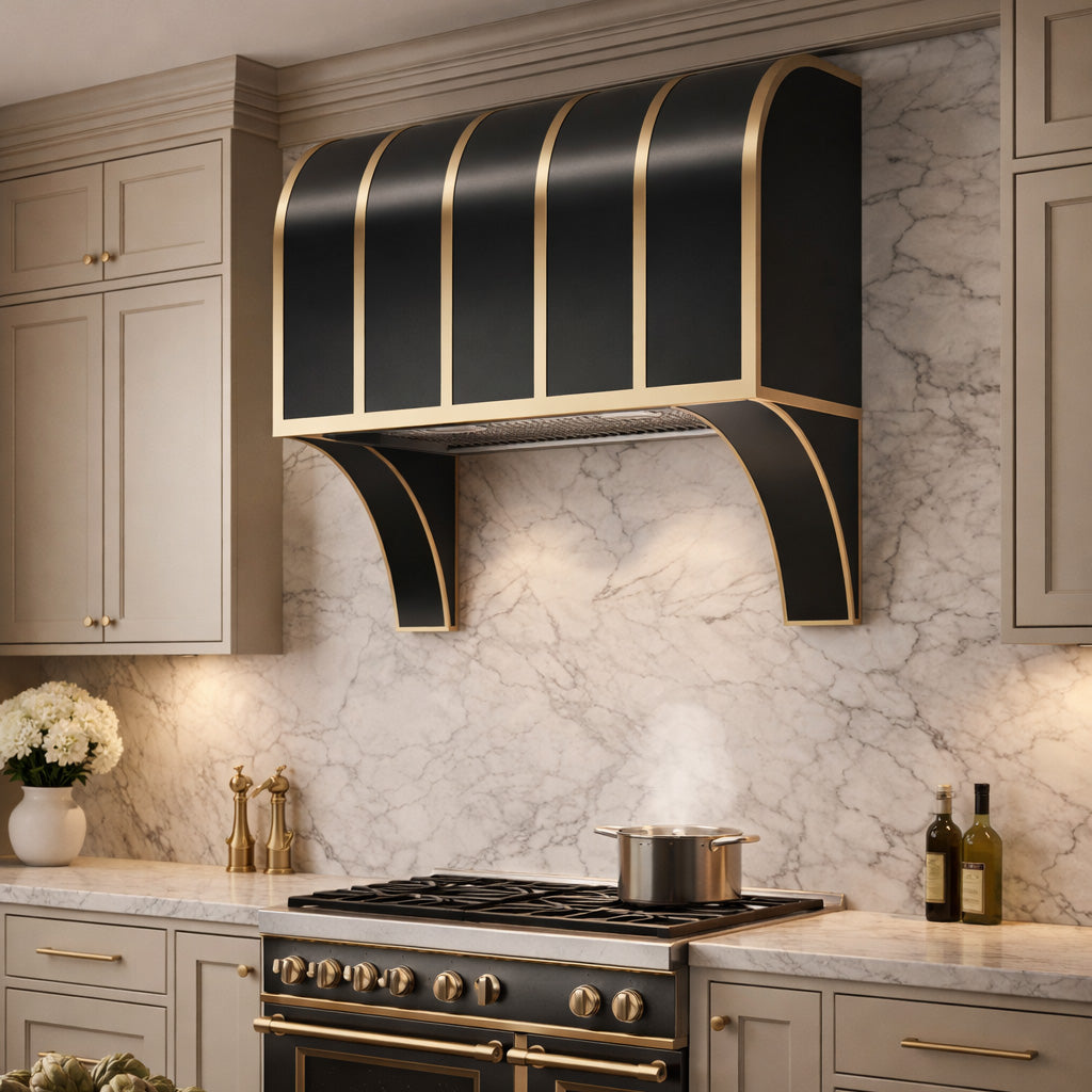 USA Designer Stainless Steel Exhaust Hood Featuring Brass Straps URHS-139