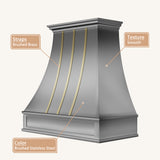 USA Custom Stainless Steel Curved Range Hood with Brass Accents URHS-63
