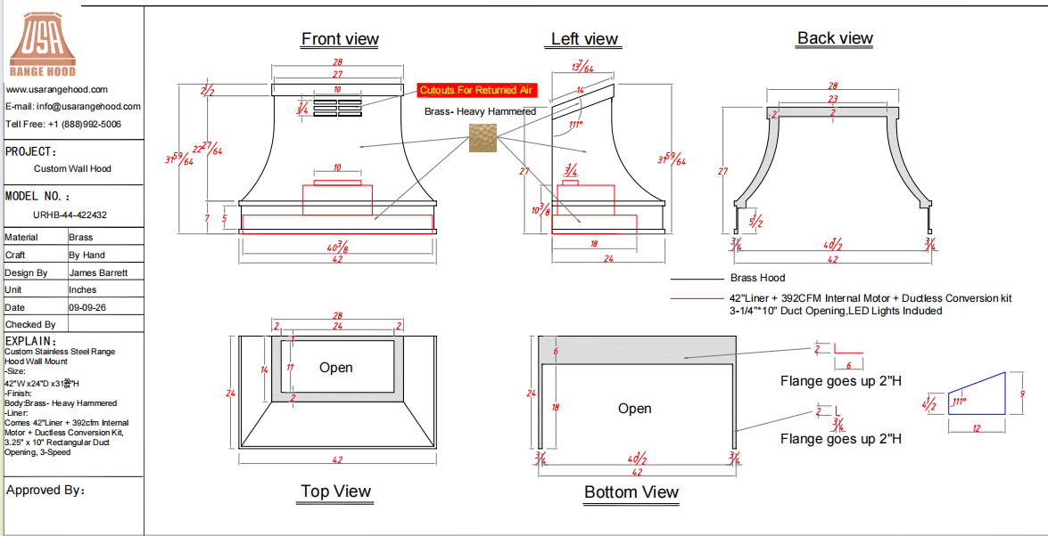 USA Custom Range Hood-URHB-44-Custom Link for Bob Rosser