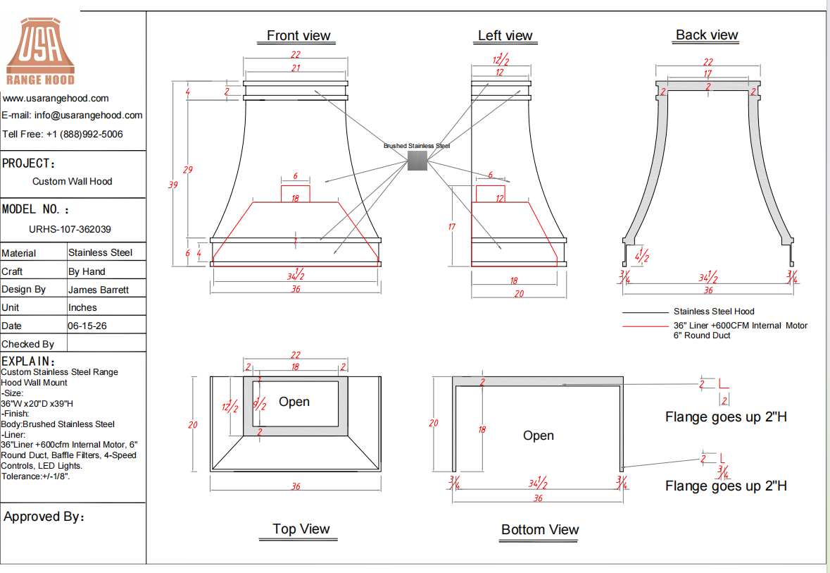 USA Custom Range Hood-URHS-107-Custom Link for Logan