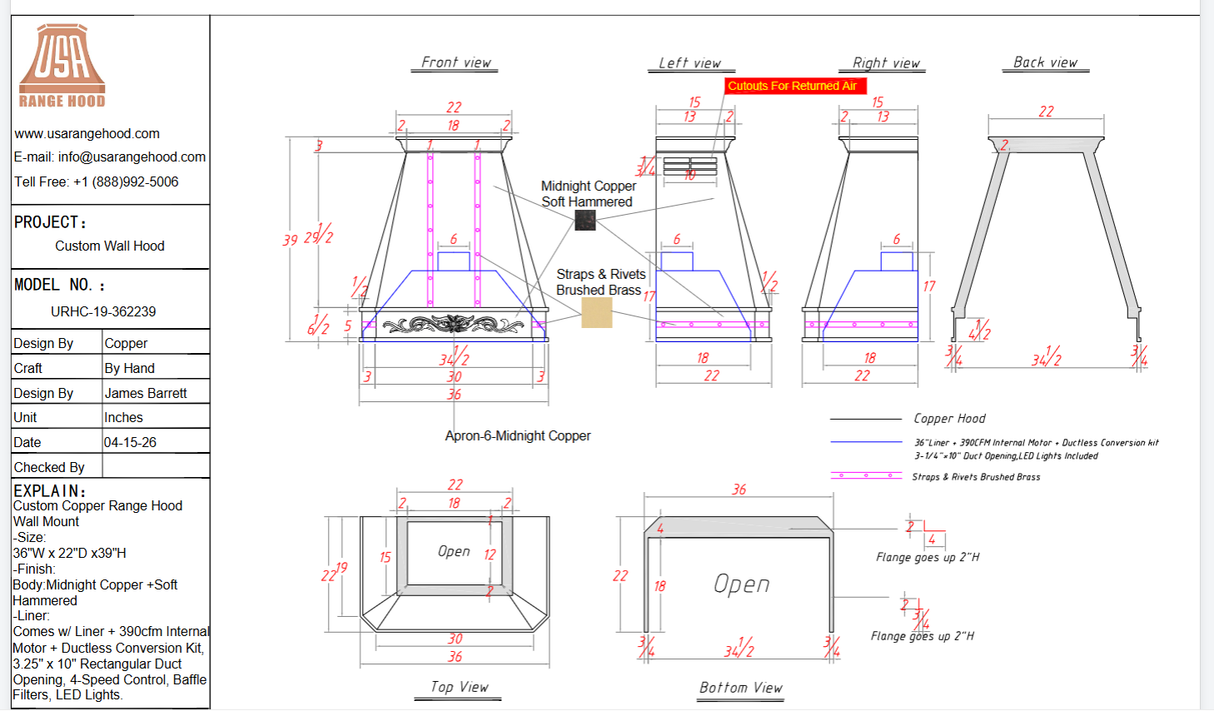 USA Custom Range Hood-URHC-19 Custom Link for Royal Pond