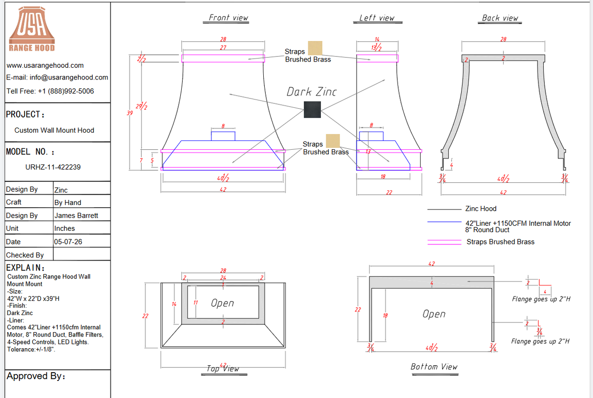 USA Custom Range Hood-URHZ-11 - Custom Link for Dasia