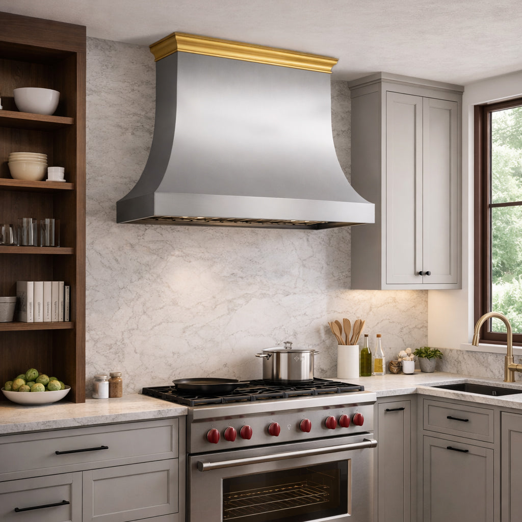 USA Modern Stainless Steel Range Hood with Custom Brass Crown URHS-167