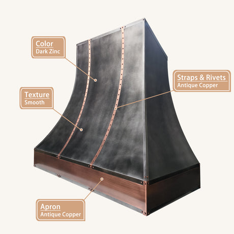USA Artisan Dark Zinc Vent Hood with Antique Copper Straps URHZ-22