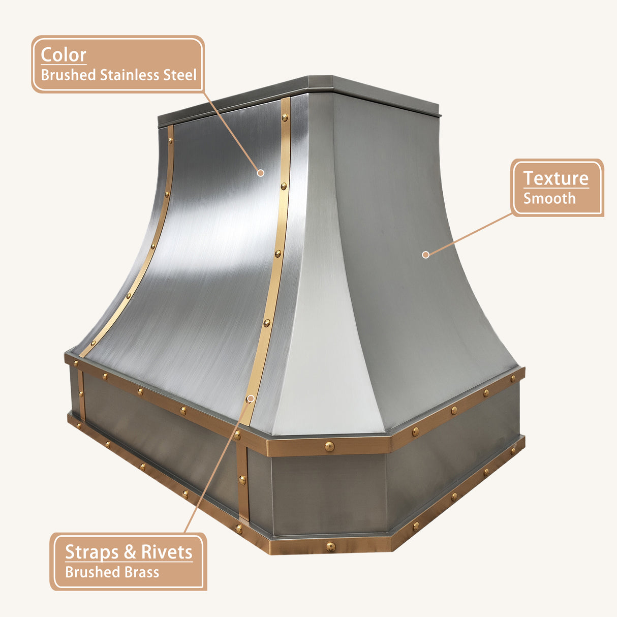 USA Classic Stainless Steel Vent Hood featuring Artisan Brass Straps URHS-199