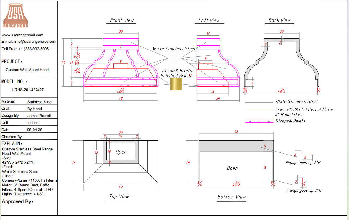 USA Custom Kitchen Hood-URHS-201-Custom Link for Janice