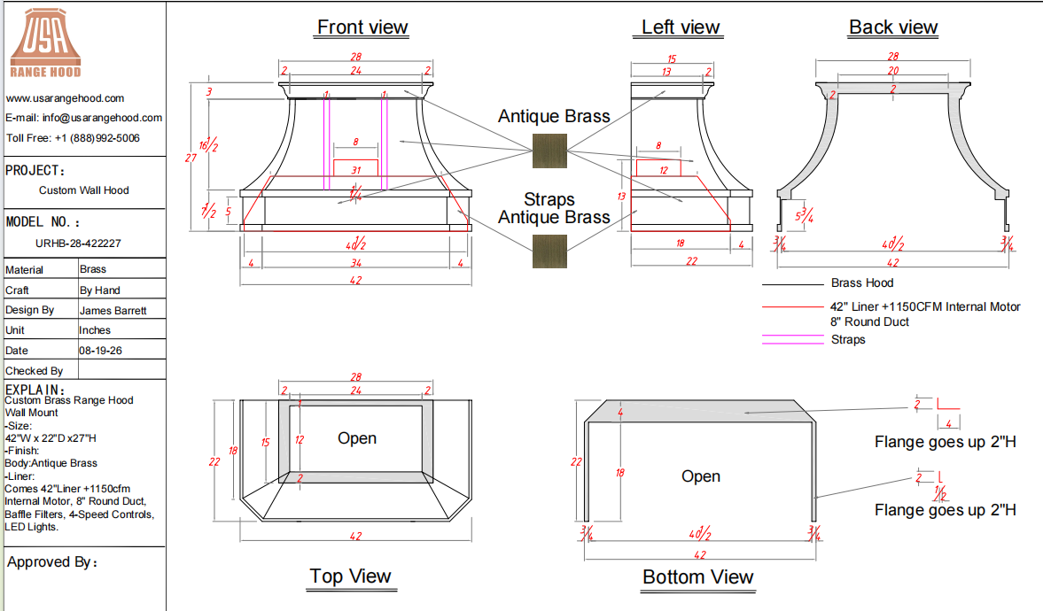 USA Custom Range Hood-URHB-28-Custom Link for Amanda