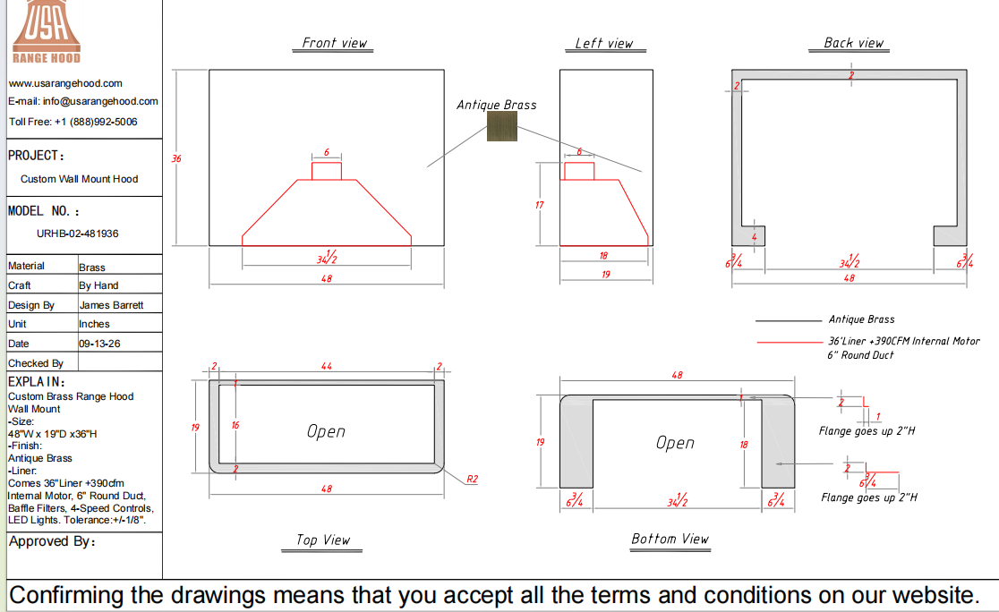 USA Custom Range Hood-URHB-02-Custom Link for Stephanie