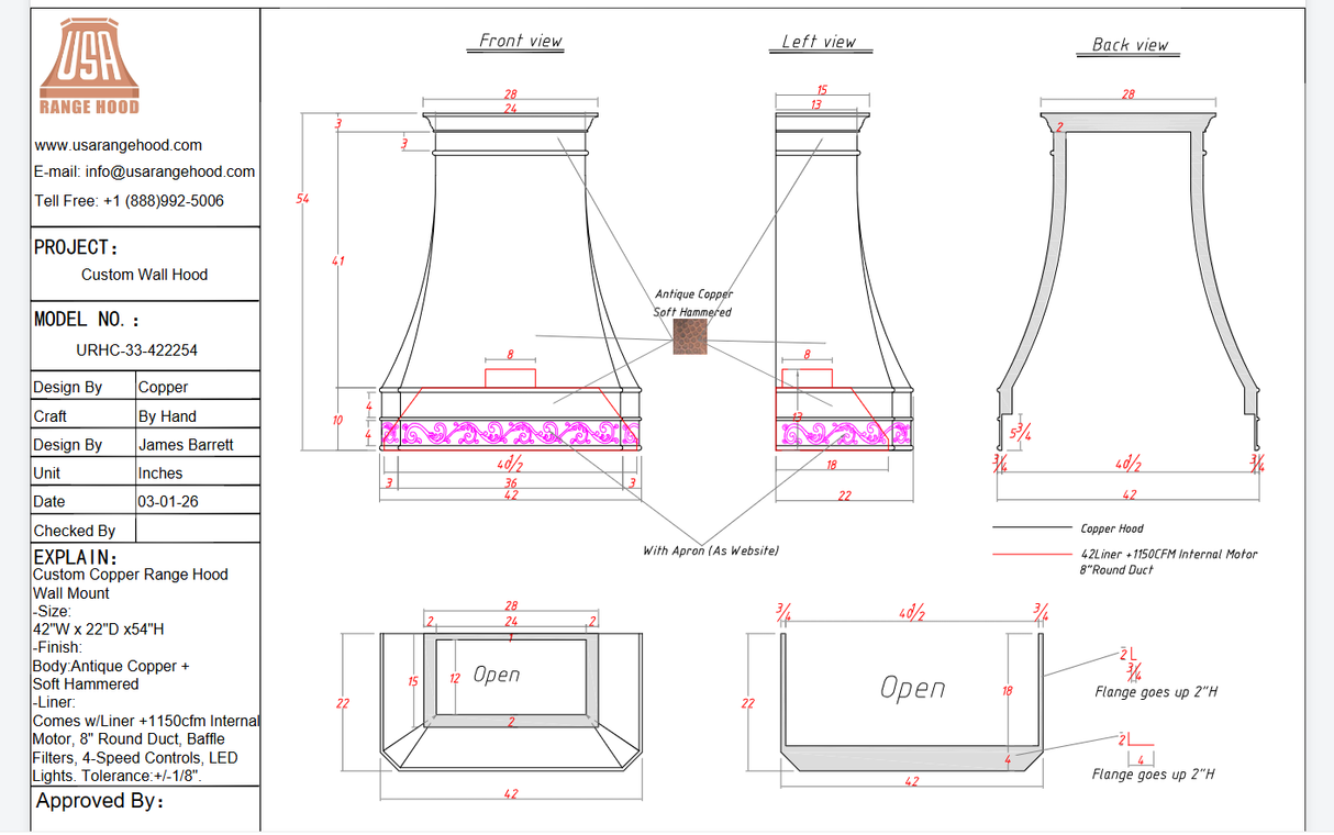 USA Custom Range Hood-URHC-33 Custom Link for Nihat