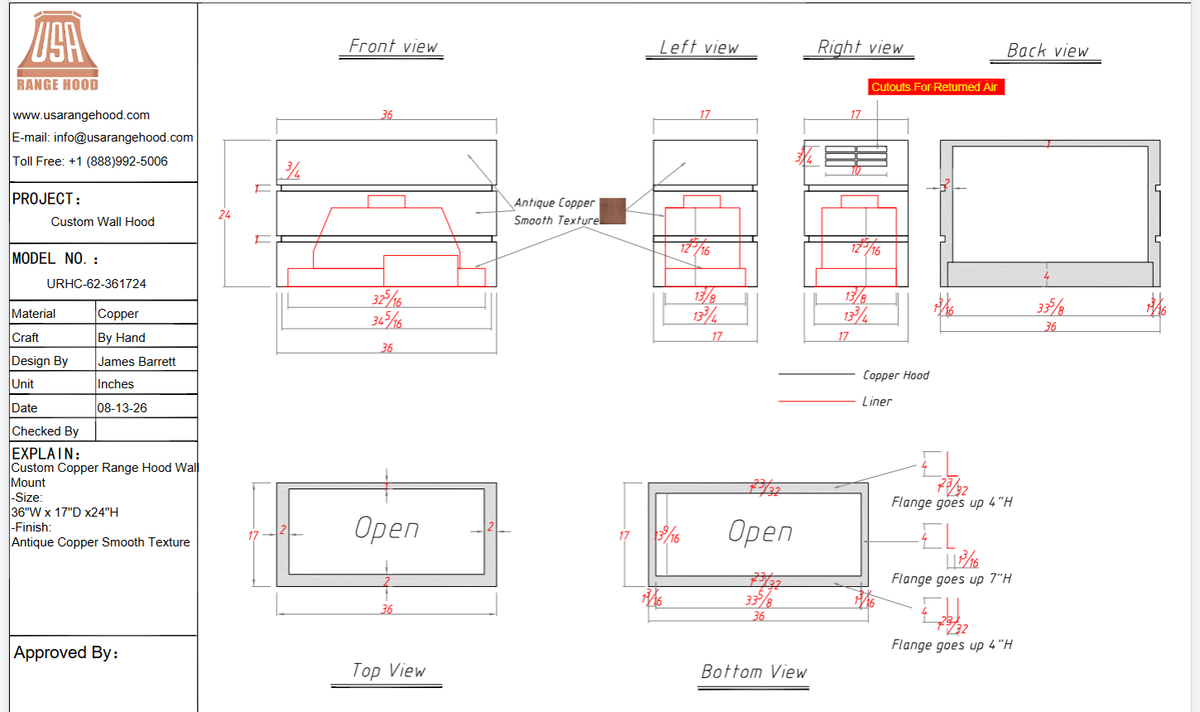 USA Custom Range Hood URHC-62-Custom Link for Shayna