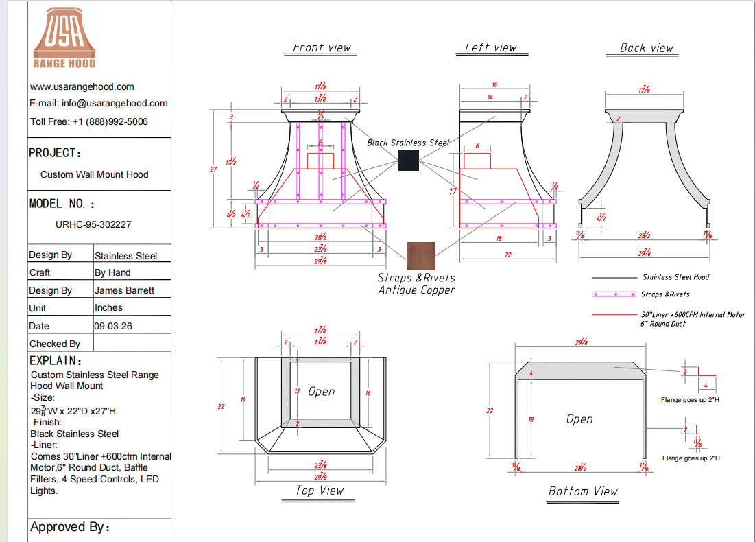 USA Custom Range Hood-URHC-95-Custom Link for Tom Egan