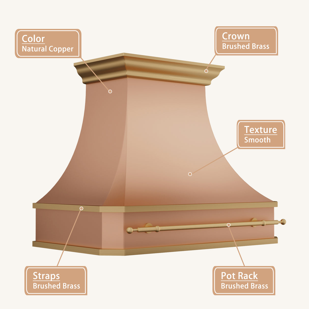 USA Handmade Natural Copper Stove Hood with Brass Pot Rack URHC-108