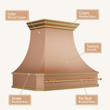 USA Handmade Natural Copper Stove Hood with Brass Pot Rack URHC-108