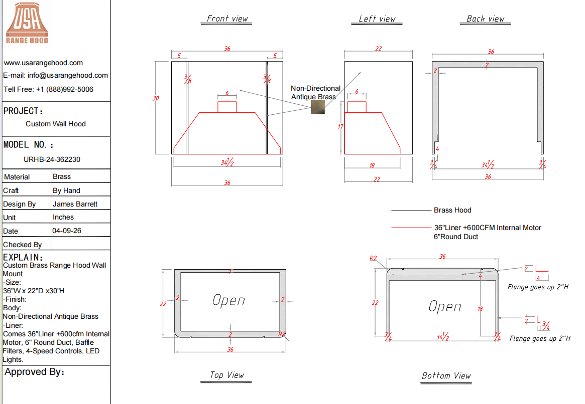 USA Custom Kitchen Hood-URHB-24-Custom Link for Dana