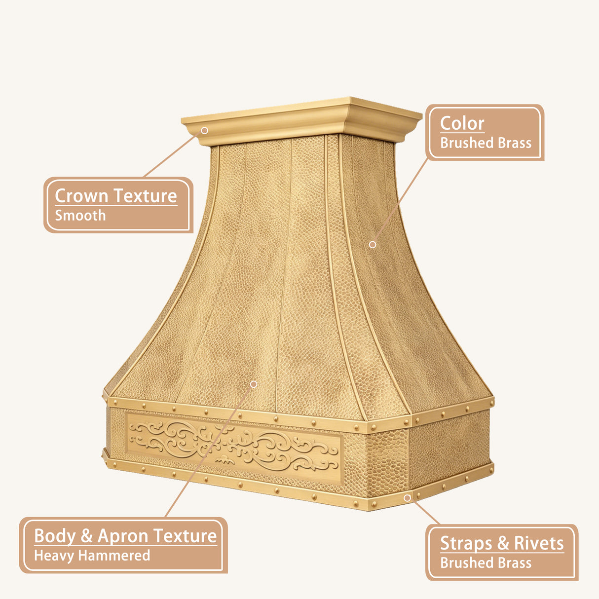 USA Brushed Brass Exhaust Hood Featuring Artisan Custom Apron URHB-133