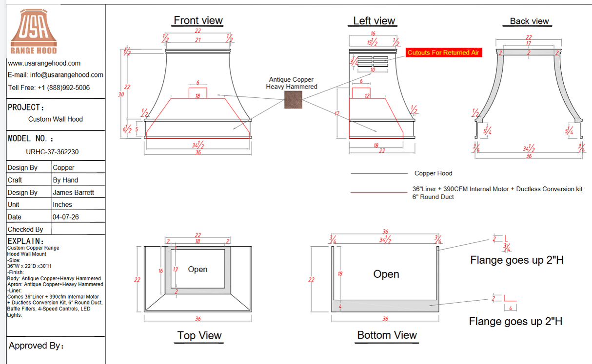 USA Custom Range Hood-URHC-37 Custom Link for Pual