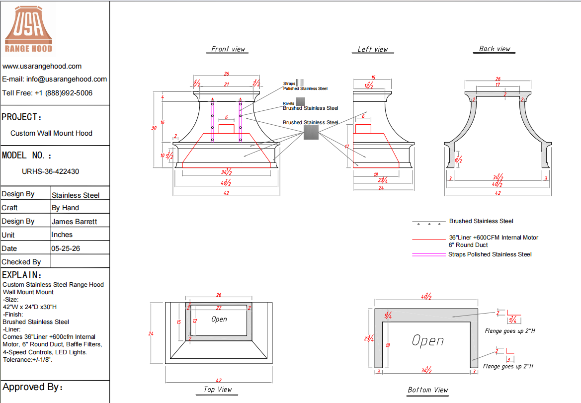 USA Custom Kitchen Hood-URHS-36-Custom Link for Phillip