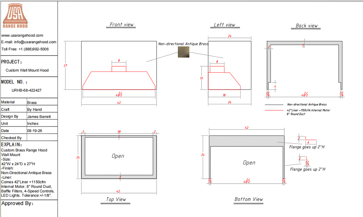 USA Custom Range Hood-URHB-68-Custom Link for Keith