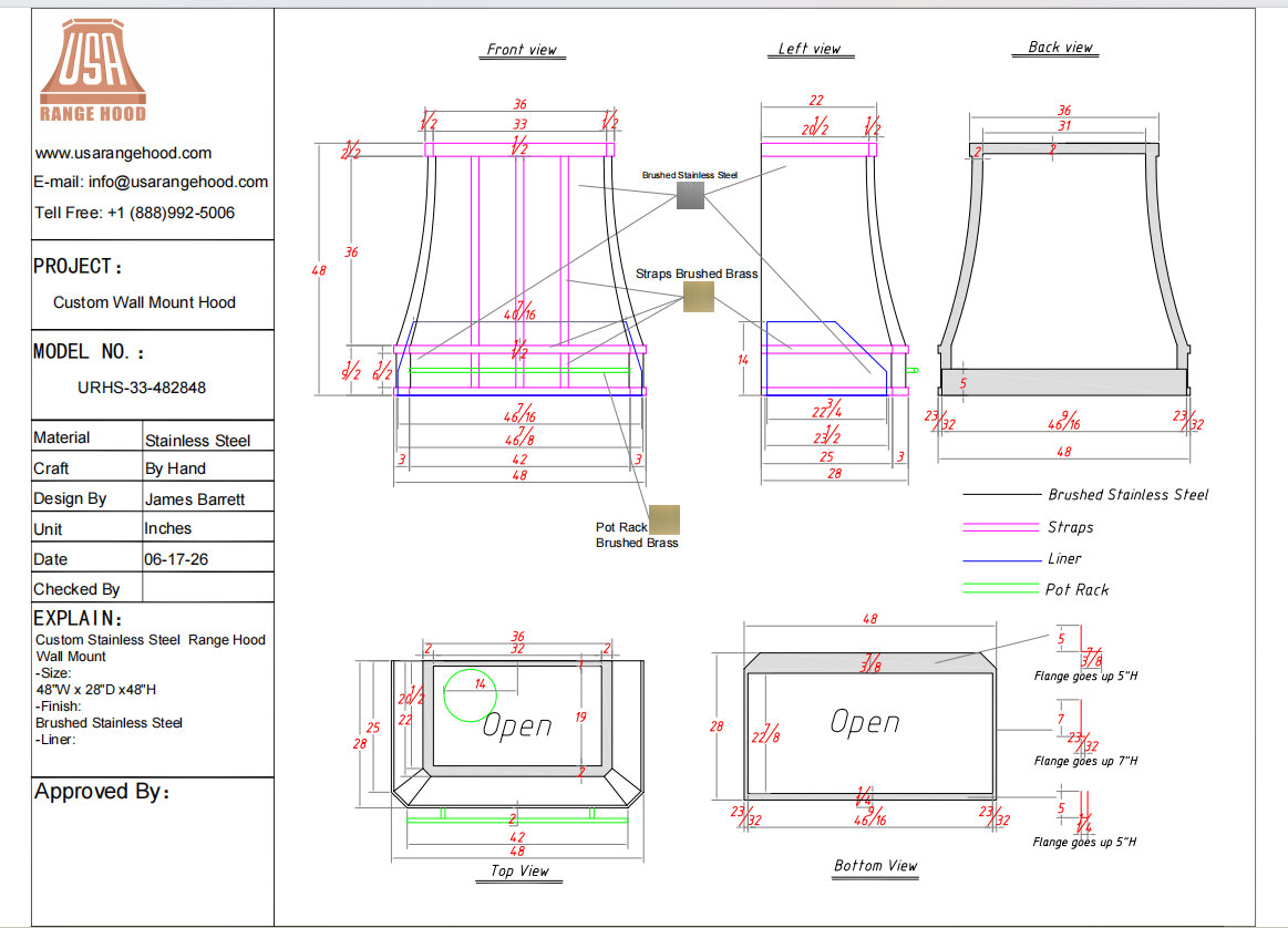 USA Custom Kitchen Hood-URHS-60-Custom Link for Brock