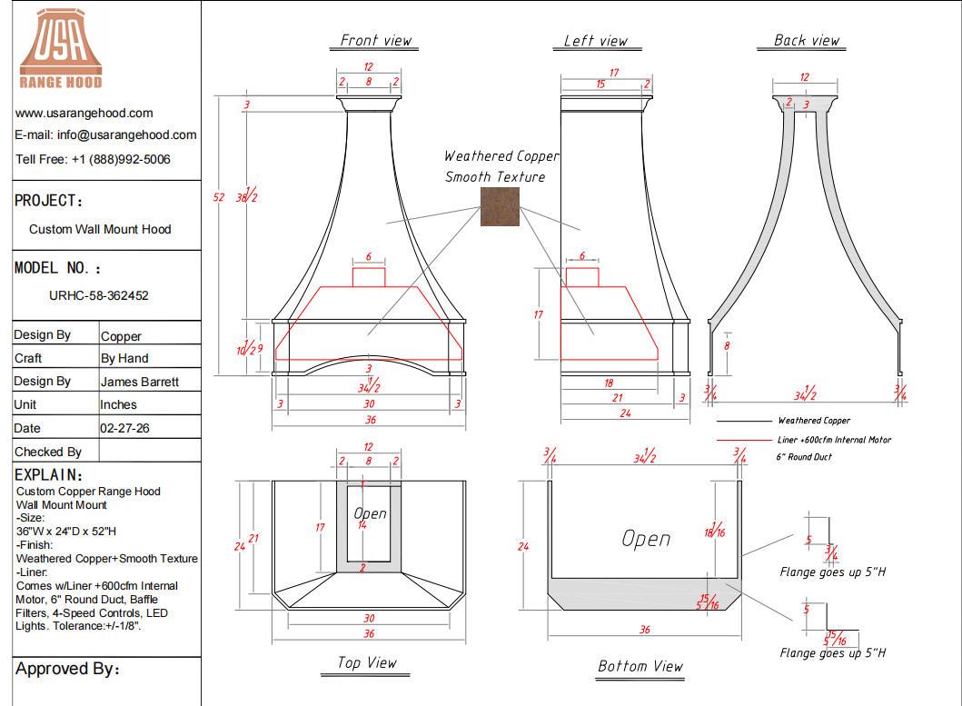 USA Custom Range Hood-URHC-58 Custom Link for Vanessa