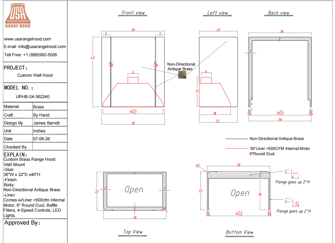 USA Custom Kitchen Hood-URHB-24-Custom Link for Alex