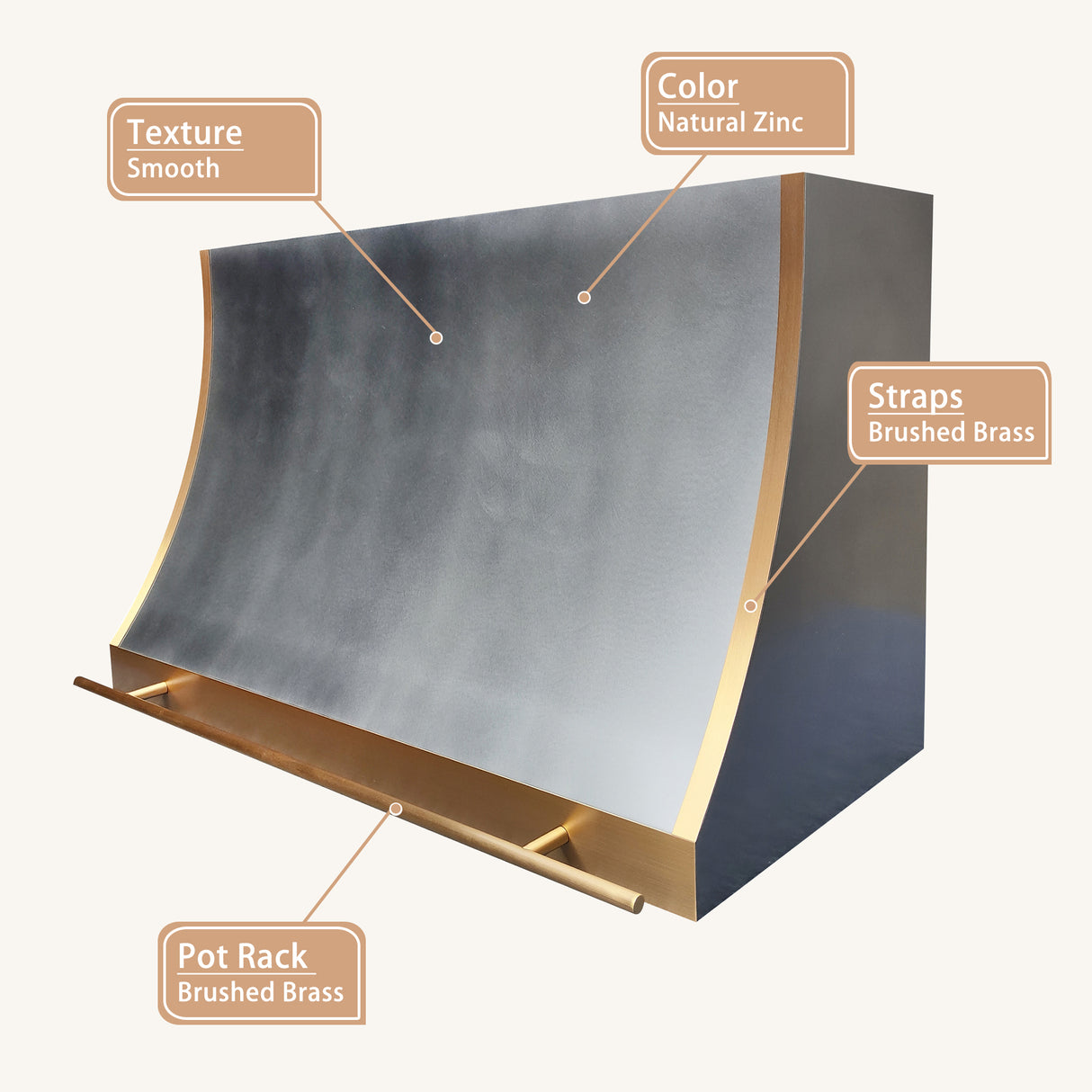 USA Minimal Custom Zinc Stove Hood Featuring Brass Pot Rack URHZ-17