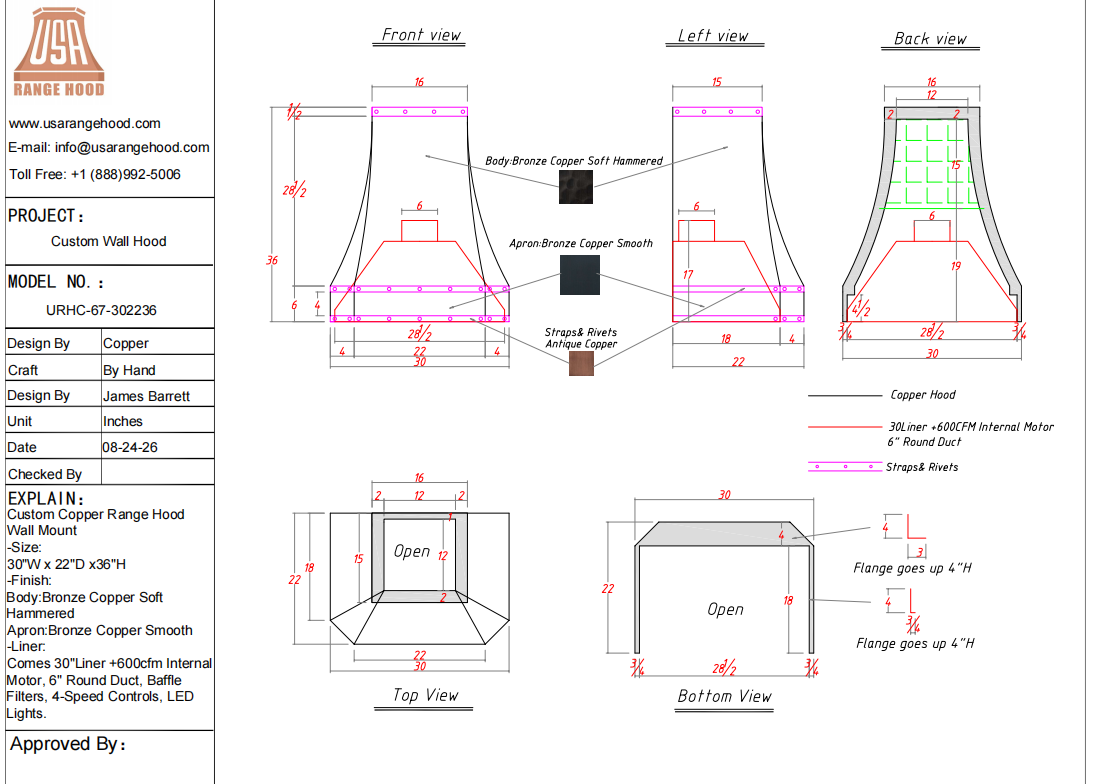 USA Range Hood-URHC-67-Custom Link for Julie 