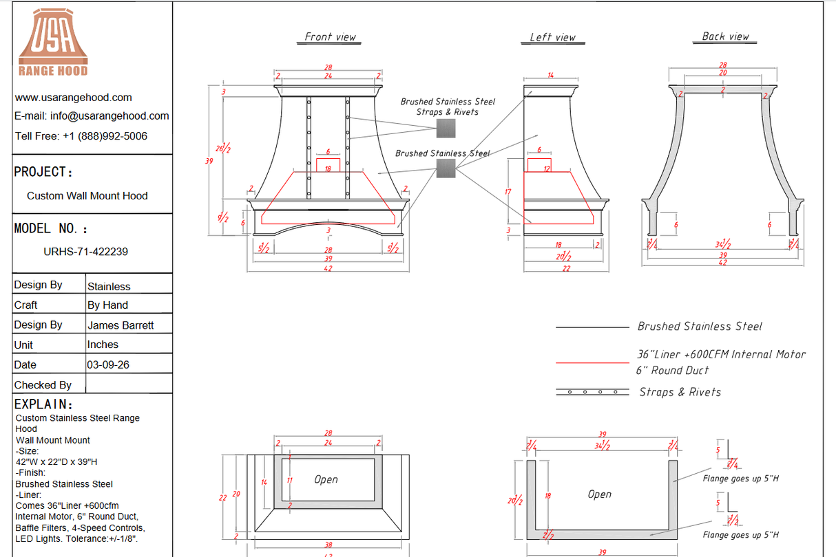 USA Custom Range Hood-URHS-71 Custom Link for Andrew